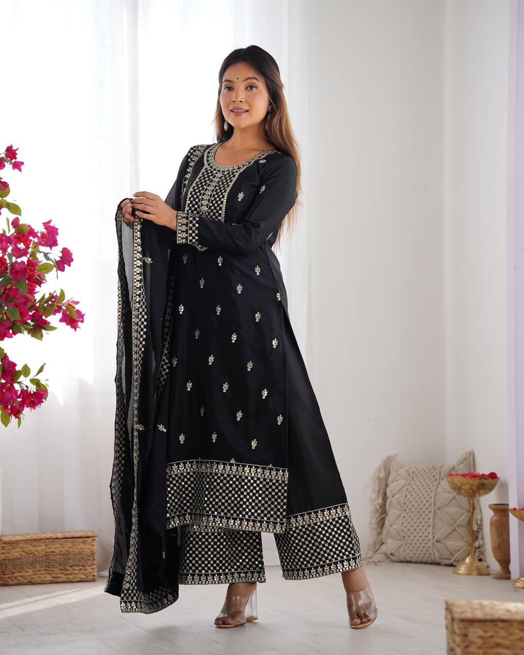 Pure Chinon Silk Woth Embroidery Sequence And Jari Work Kurti