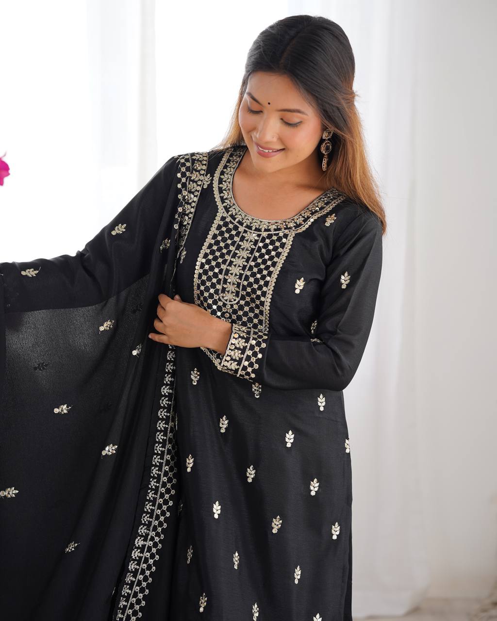 Pure Chinon Silk Woth Embroidery Sequence And Jari Work Kurti