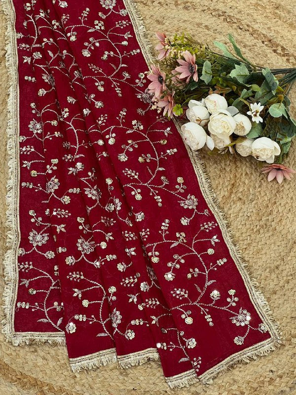 Embroidery Sequnce Work With Lace Border in Saree