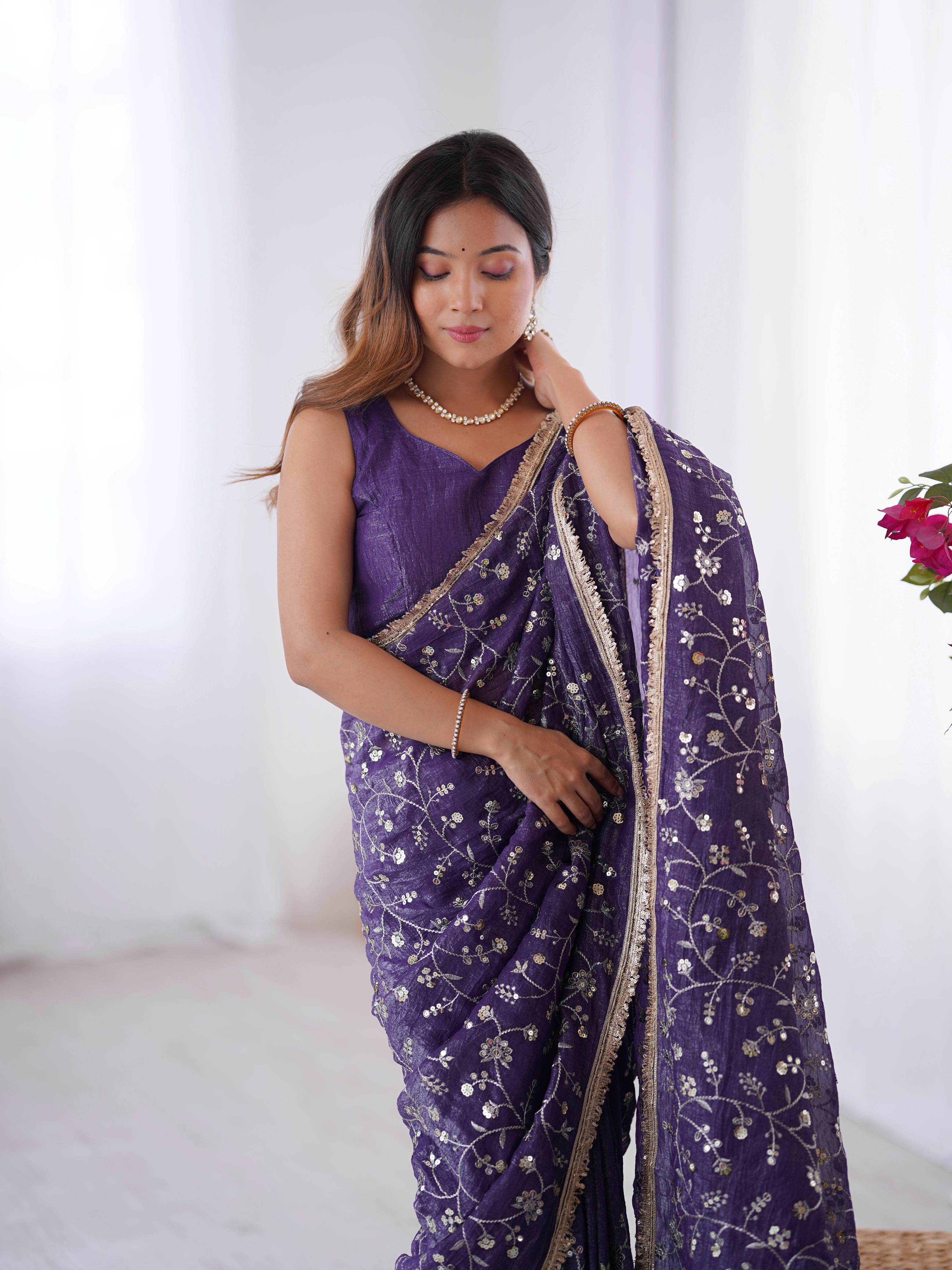 Embroidery Sequnce Work With Lace Border in Saree
