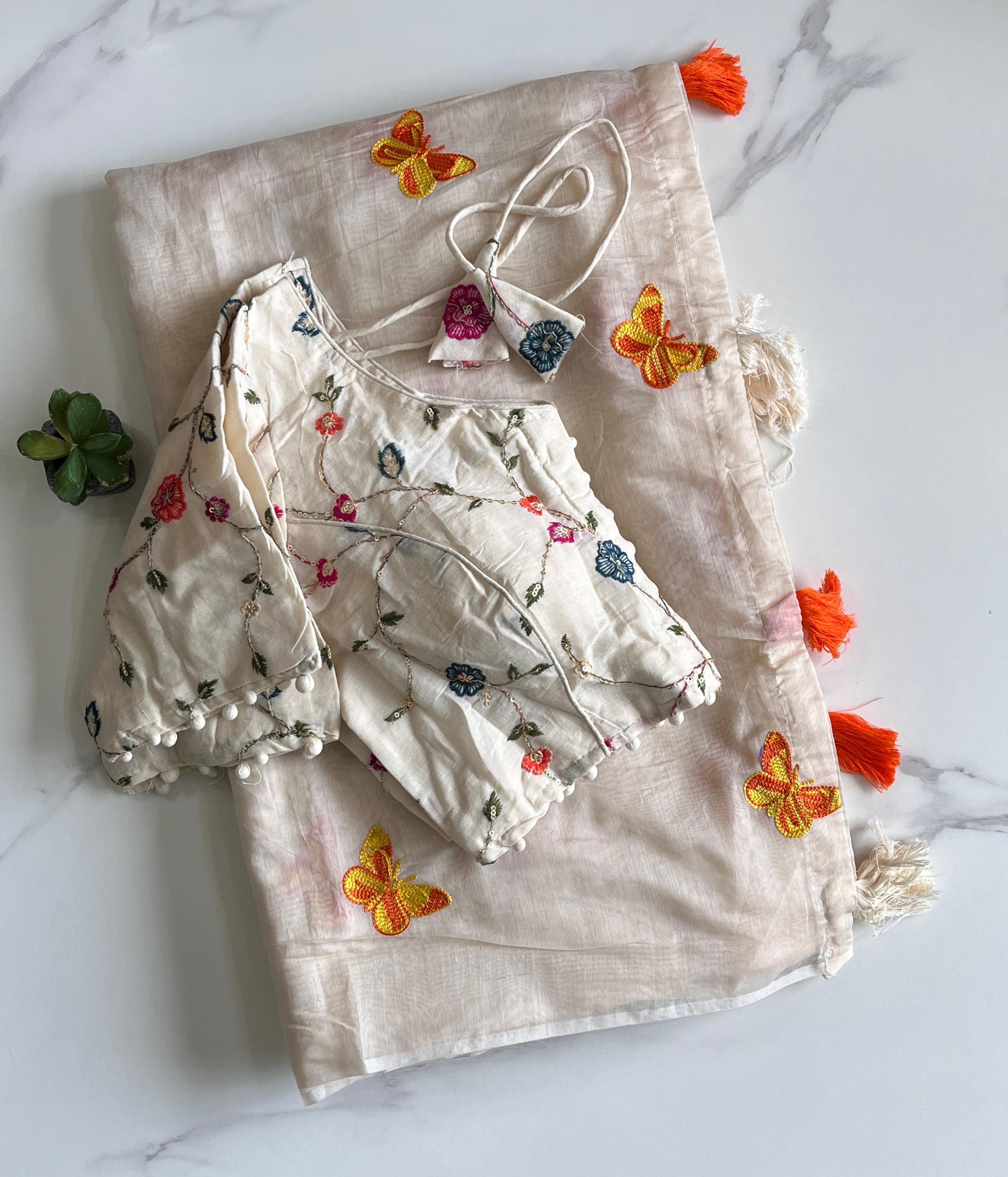 Pure Chanderi Cotton Fabric With Butterfly Work Saree