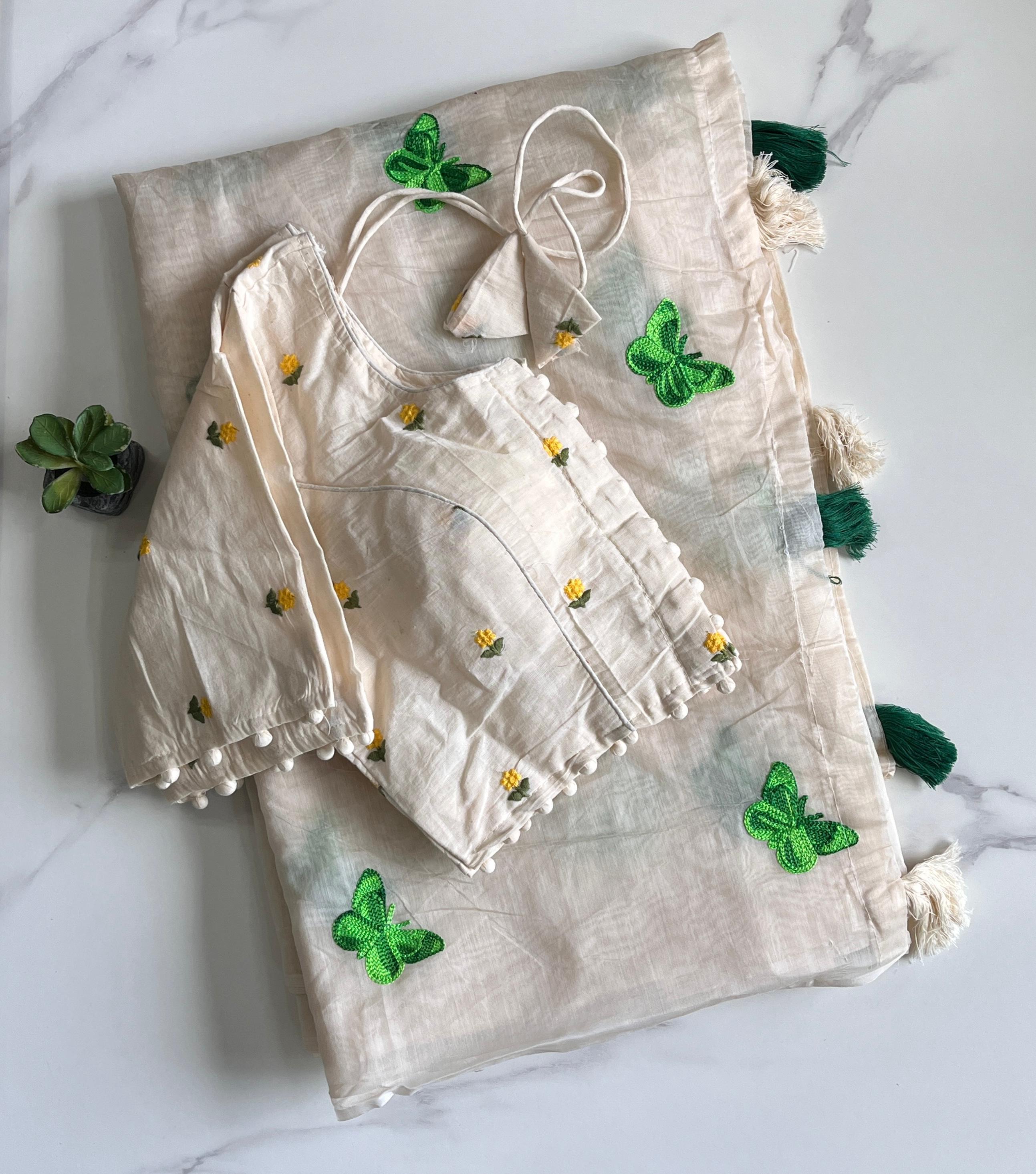 Pure Chanderi Cotton Fabric With Butterfly Work Saree