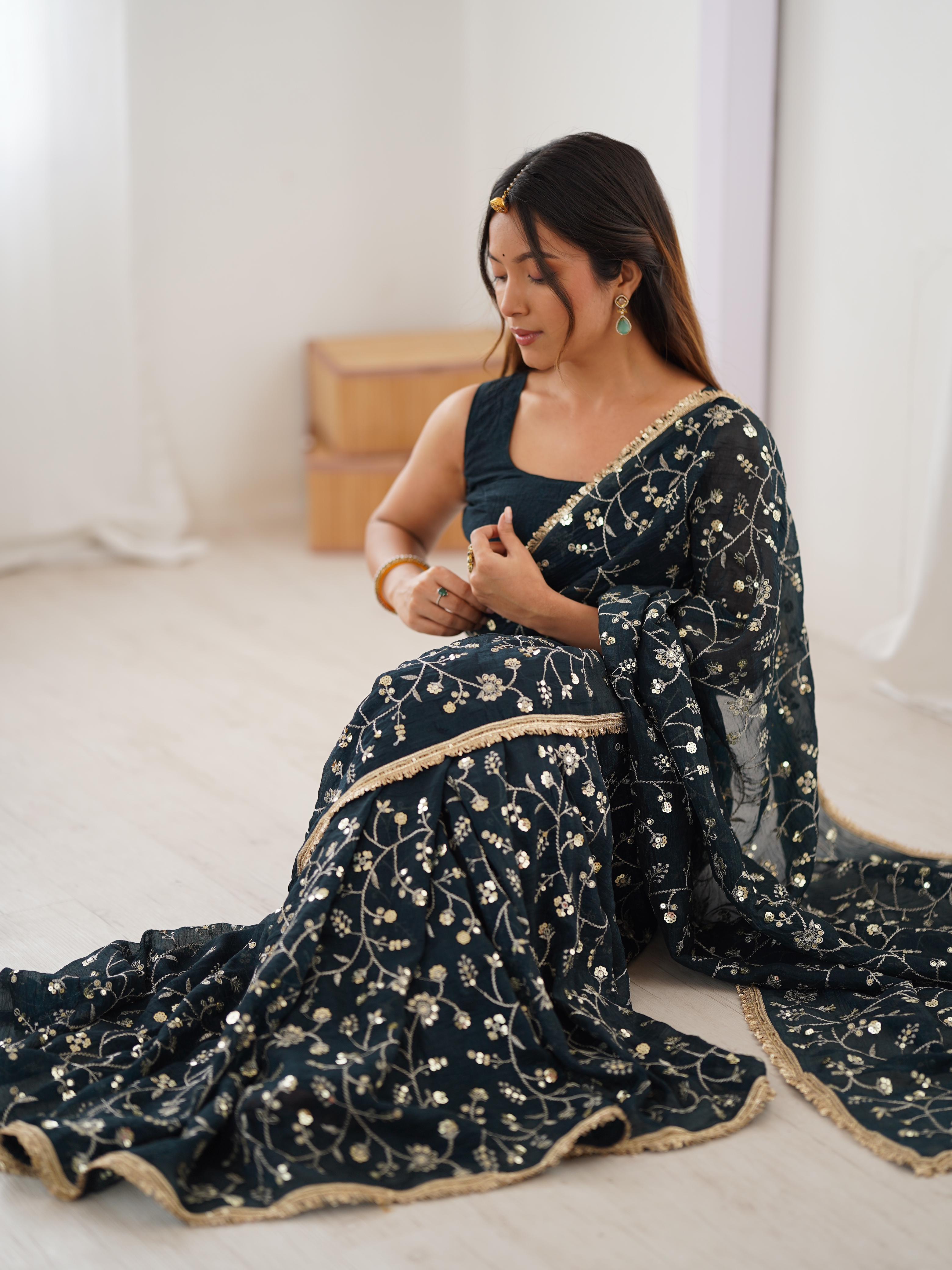 Embroidery Sequnce Work With Lace Border in Saree
