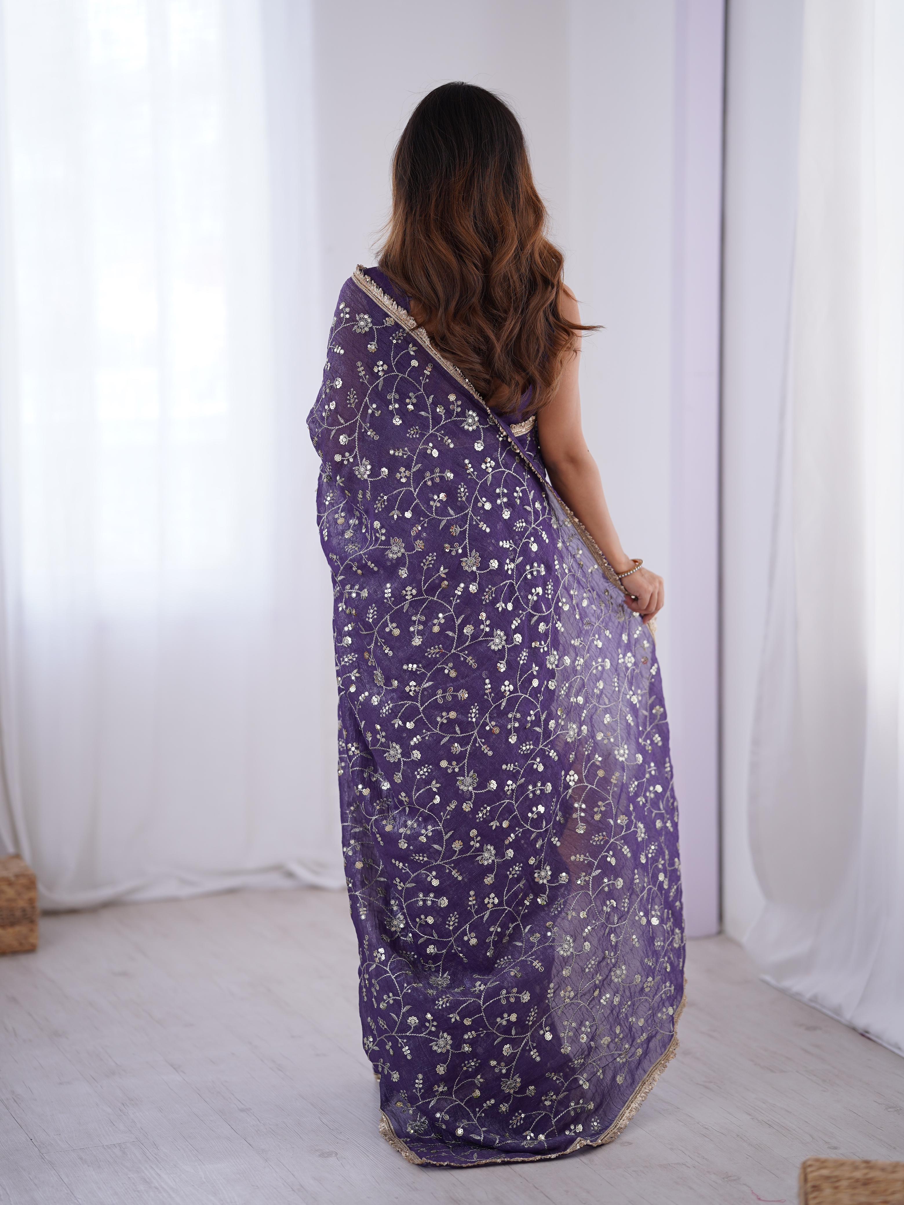 Embroidery Sequnce Work With Lace Border in Saree