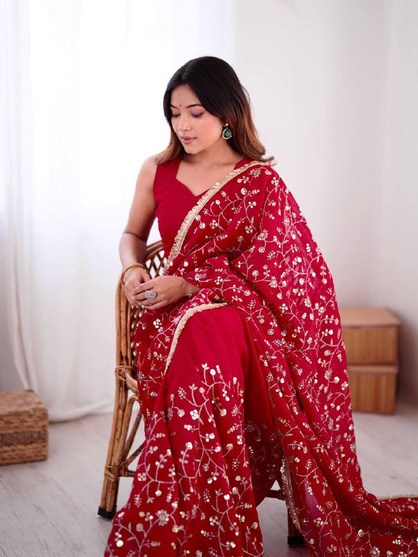 Embroidery Sequnce Work With Lace Border in Saree