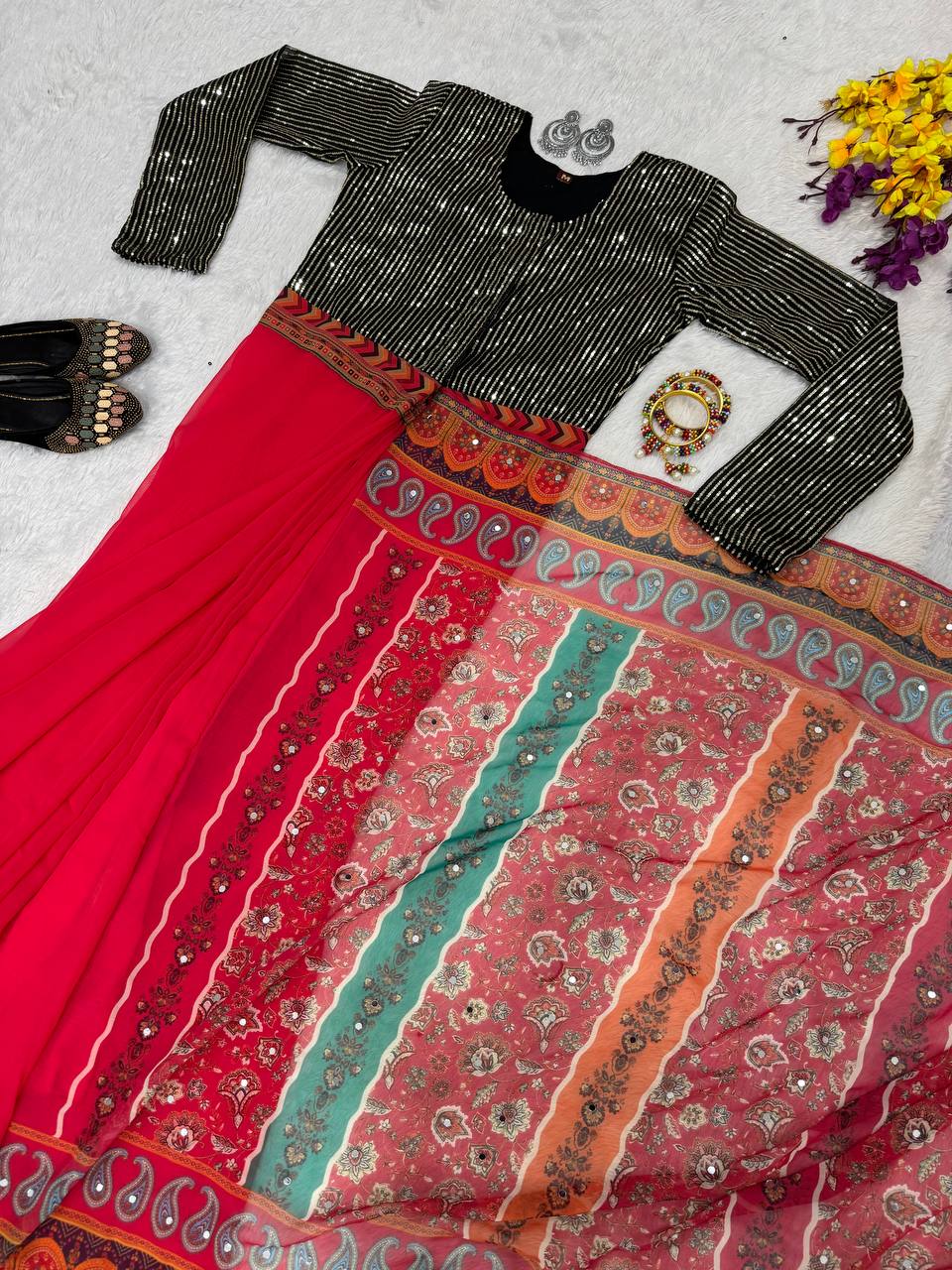 Embroidery 3mm sequins Work in Zip Gown