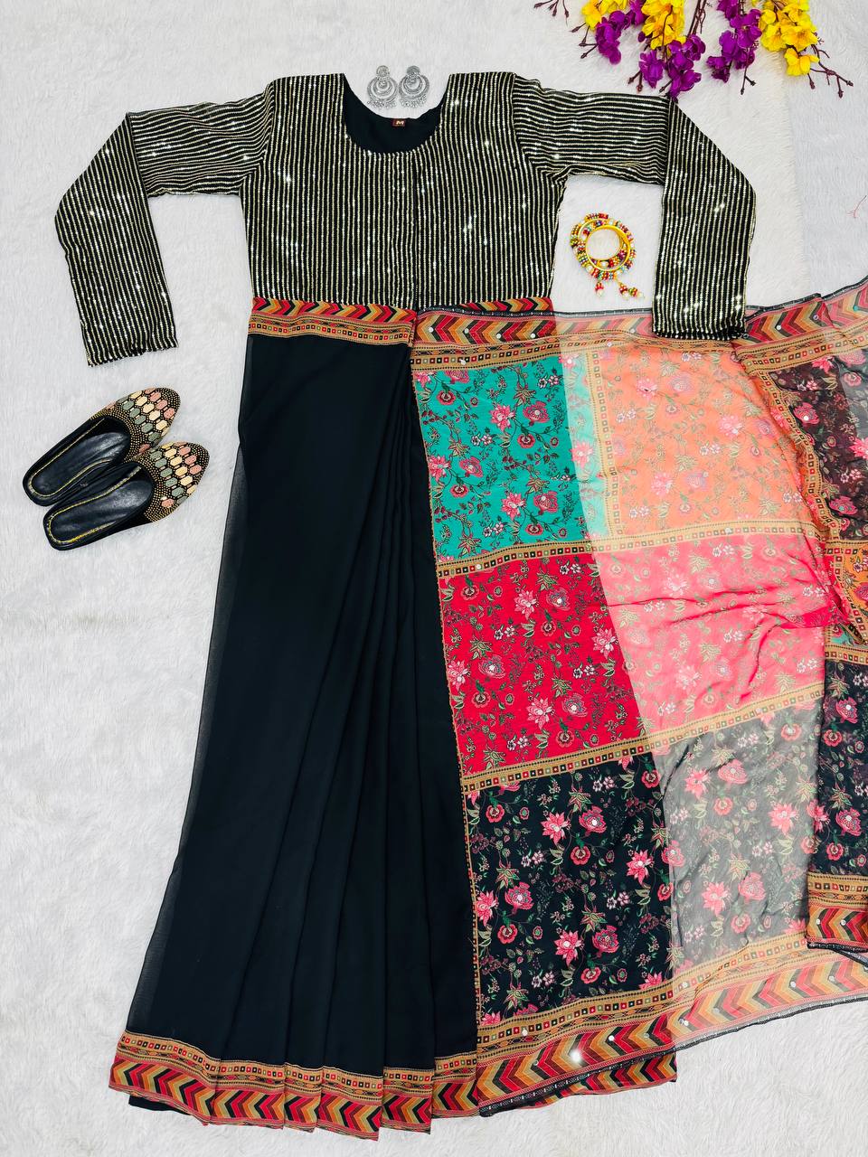 Embroidery 3mm sequins Work in Zip Gown