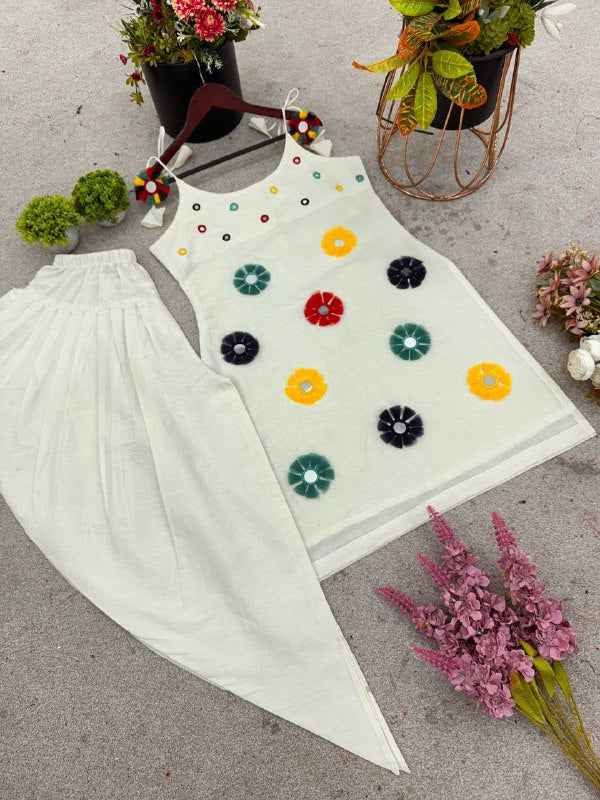 White Color Khadi Cotton With Mirror Work Top Dhoti