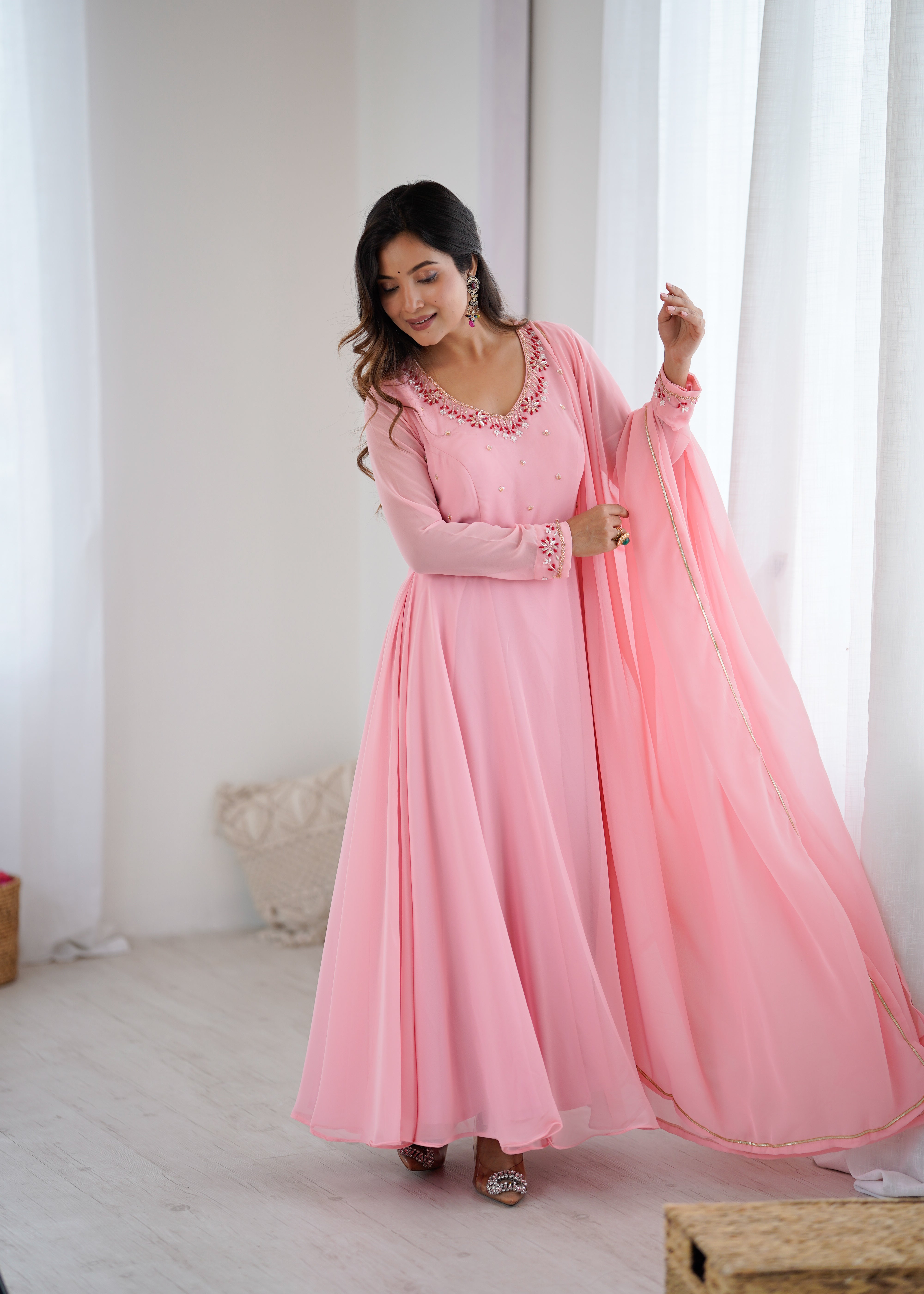 Pink Color Fox Georgette Heavy Hand Work Gown – Sasta Bazzar