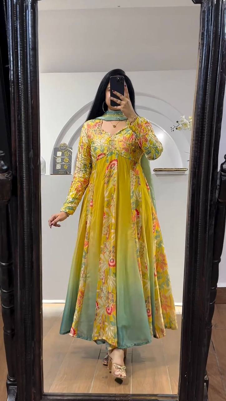 Digital Print With Hand Work Muslin Gown Digital Print With Hand Work Muslin Gown