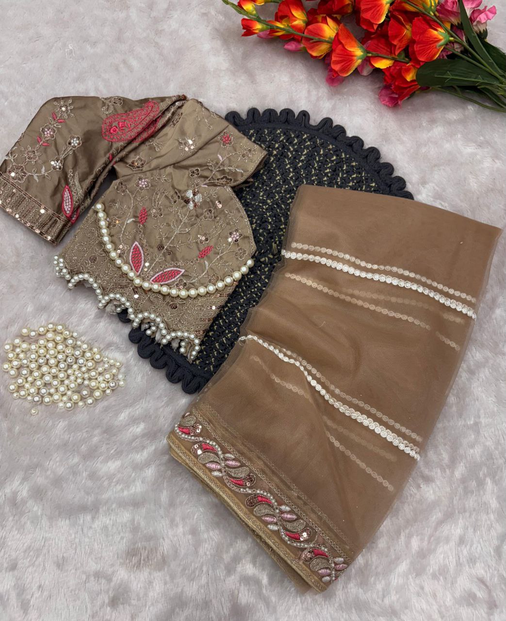 Beautiful Net Saree With Designer Embroidery Moti And Hand Diamond Work Heavy Blouse