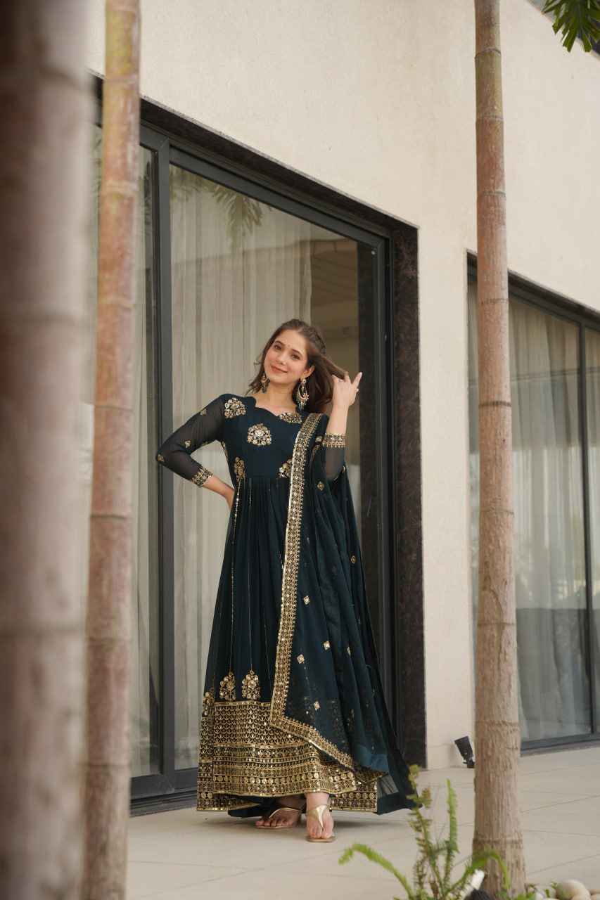 Faux Blooming Zari & Sequins Work Gown