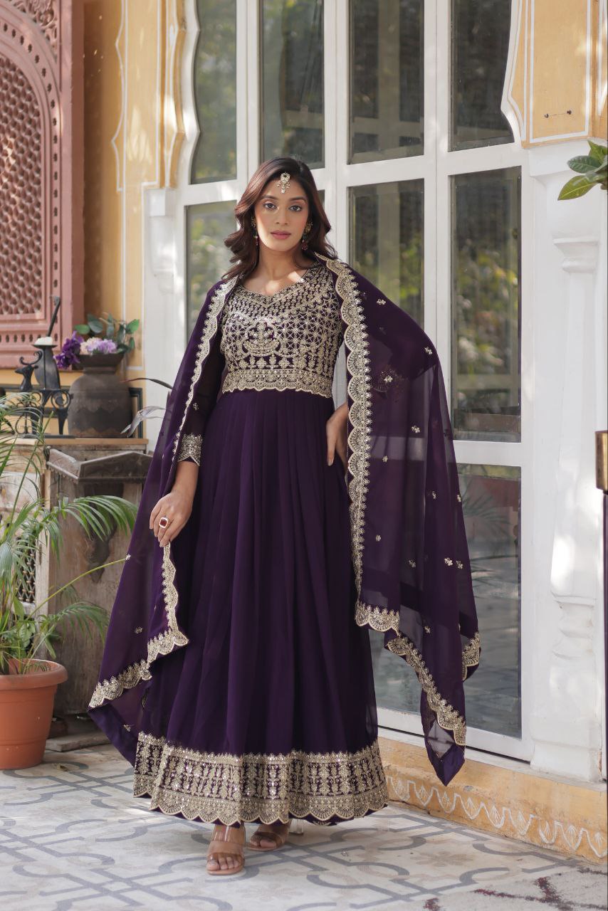 Faux Blooming With Embroidery Zari Sequins-work Gown