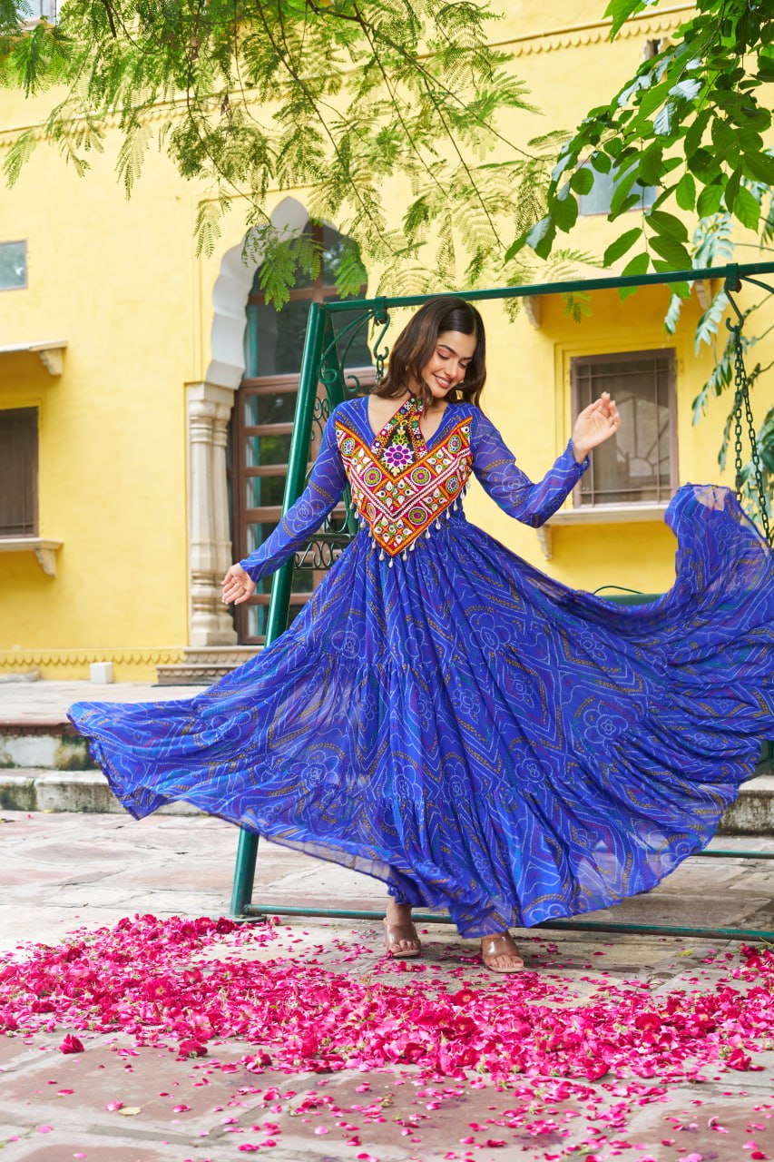 Navratri Special Bandhani Print Kutchi Work Georgette Gown