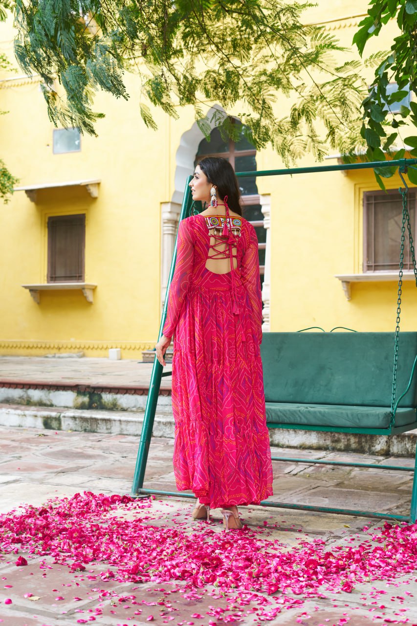 Navratri Special Bandhani Print Kutchi Work Georgette Gown