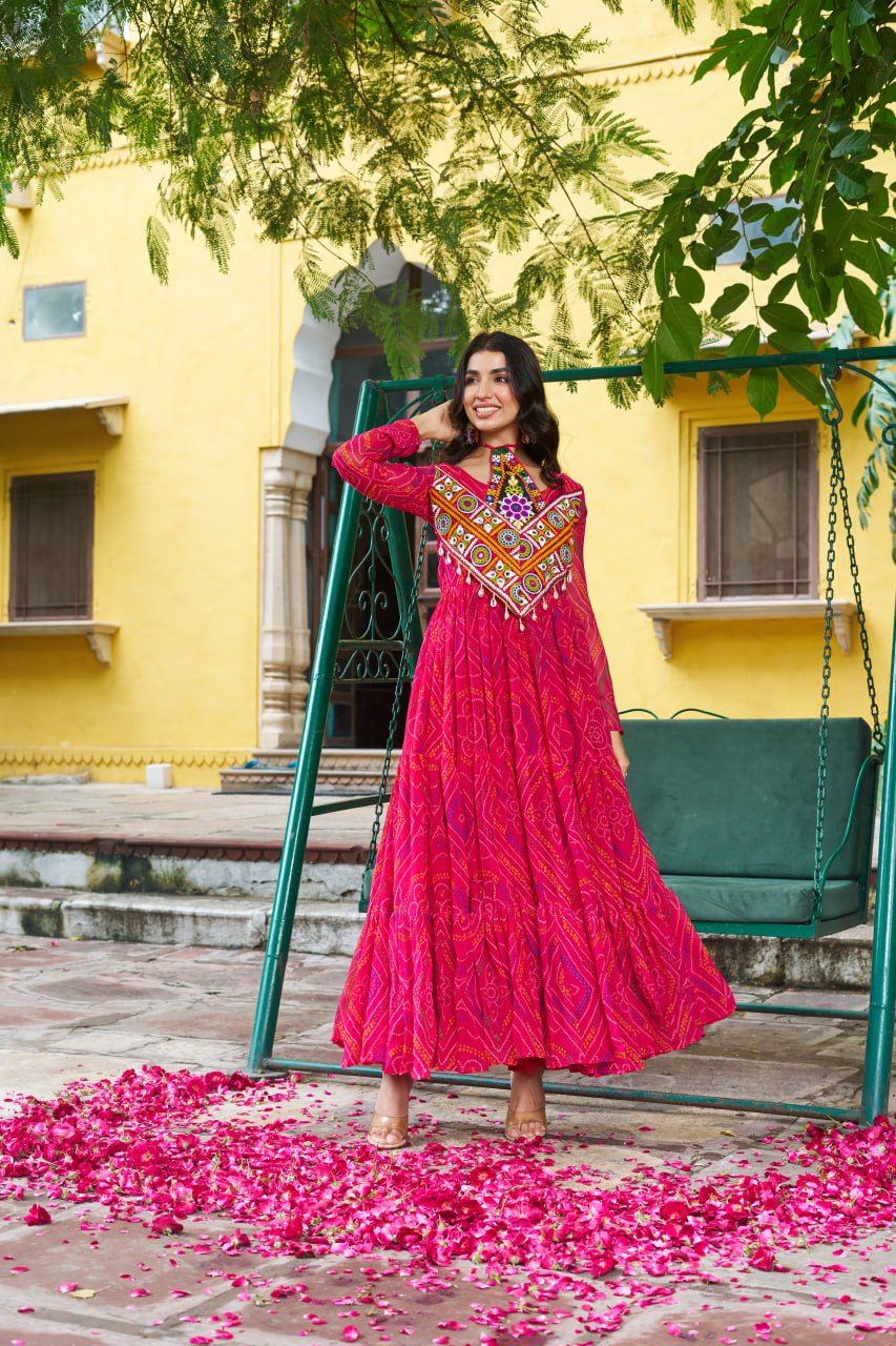 Navratri Special Bandhani Print Kutchi Work Georgette Gown