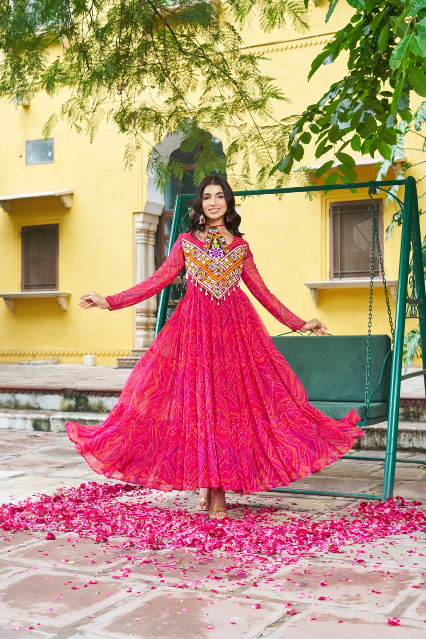 Navratri Special Bandhani Print Kutchi Work Georgette Gown