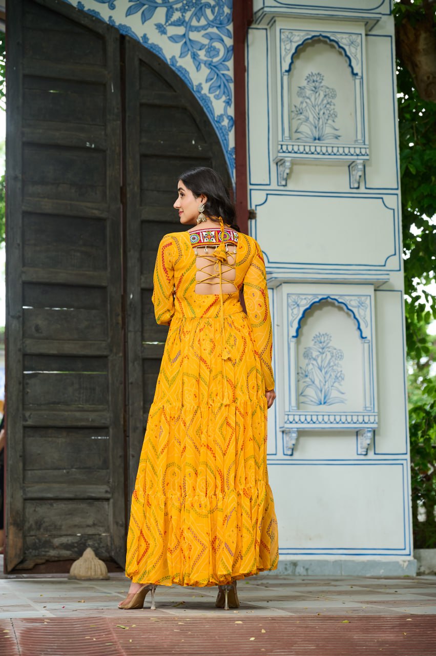 Navratri Special Bandhani Print Kutchi Work Georgette Gown