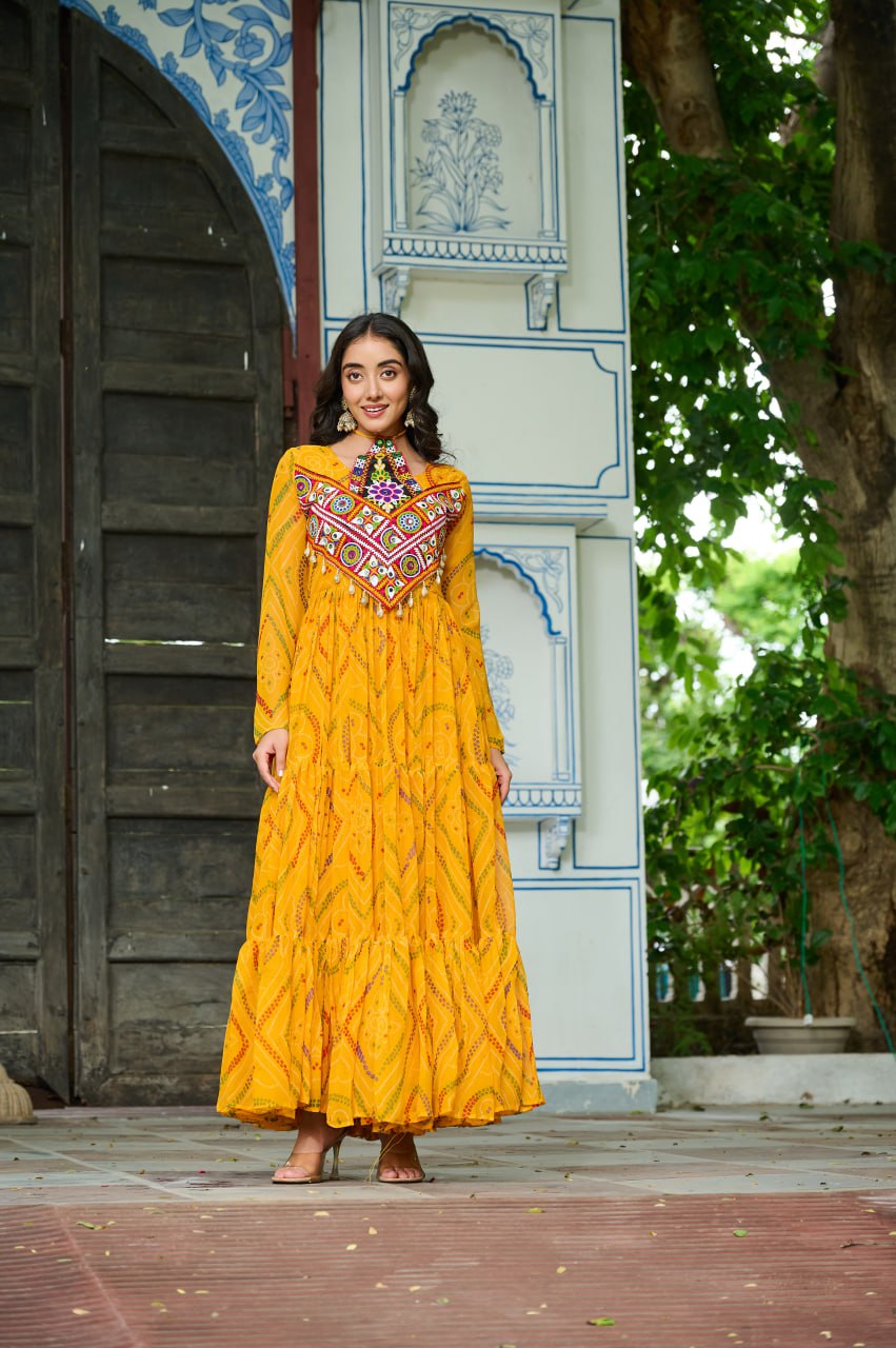 Navratri Special Bandhani Print Kutchi Work Georgette Gown
