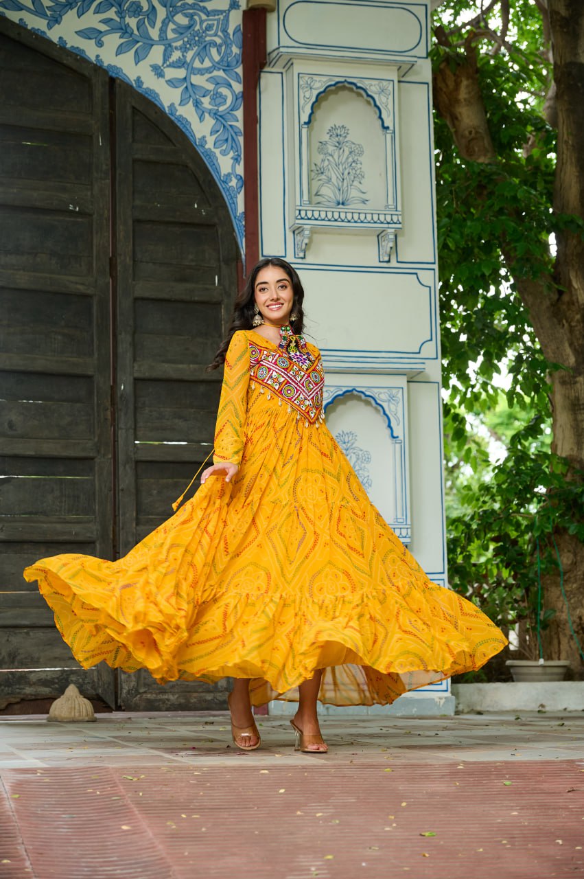 Navratri Special Bandhani Print Kutchi Work Georgette Gown
