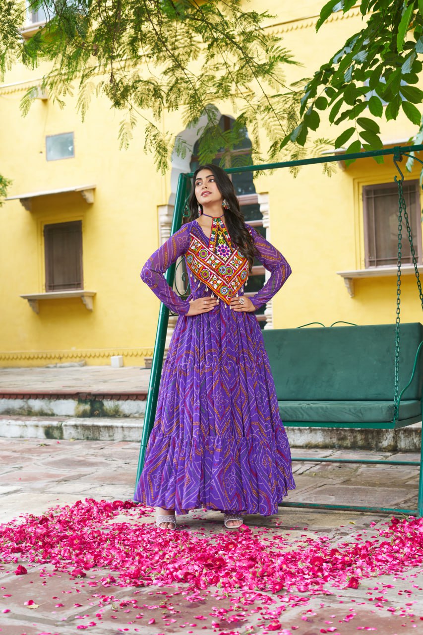Navratri Special Bandhani Print Kutchi Work Georgette Gown