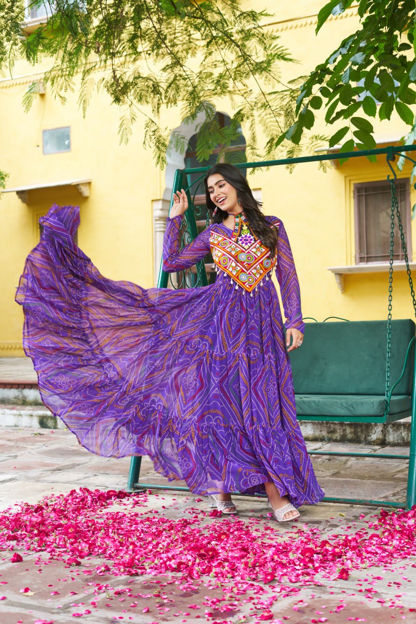 Navratri Special Bandhani Print Kutchi Work Georgette Gown