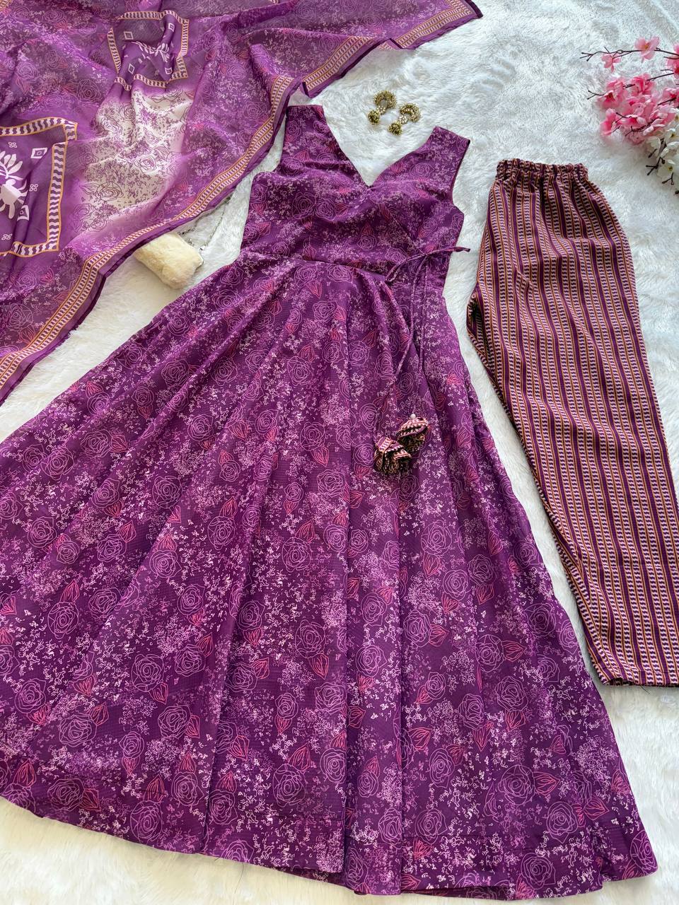 Purple Color Cotton Fabric With Digital Printed Work Anarkali