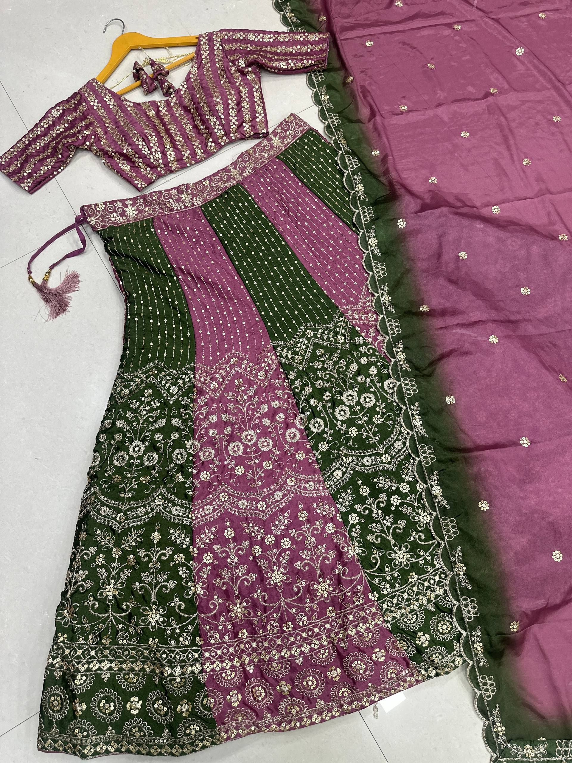 Chinon Fabric With Sequience Embroidery Work Lehenga