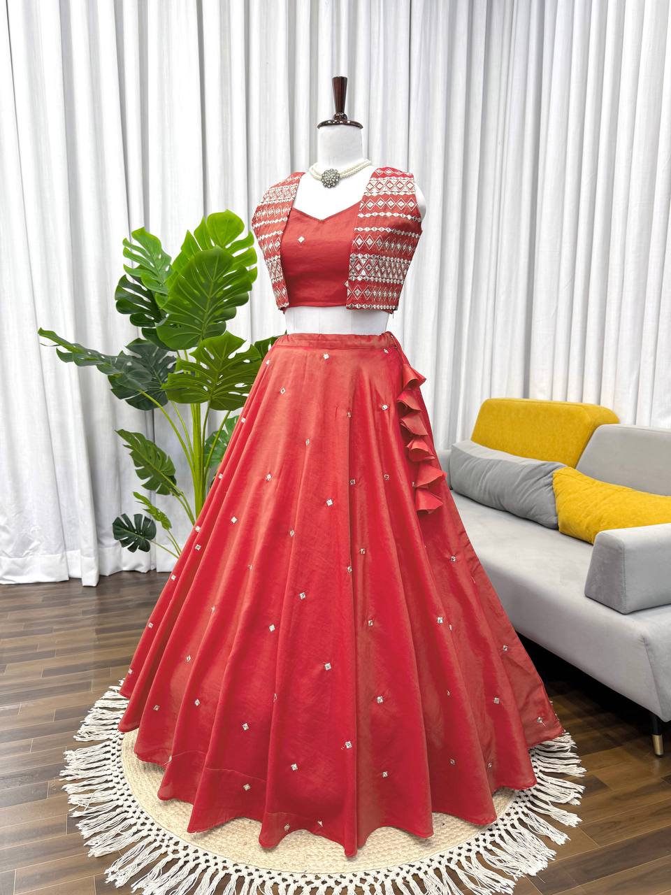 Red Color Simmer Silk With Thread With Sequience Work Lehenga Choli With Koti