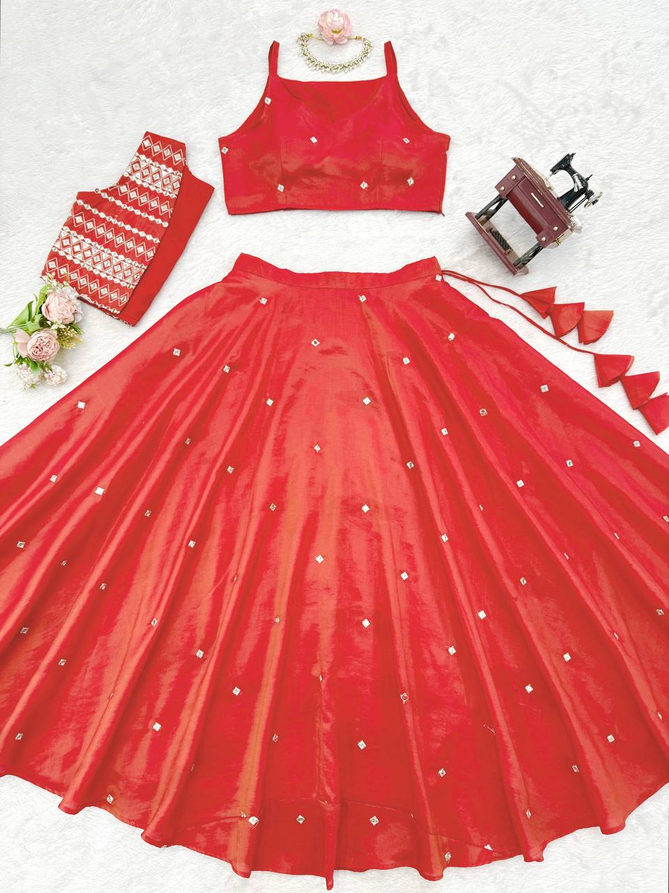 Red Color Simmer Silk With Thread With Sequience Work Lehenga Choli With Koti