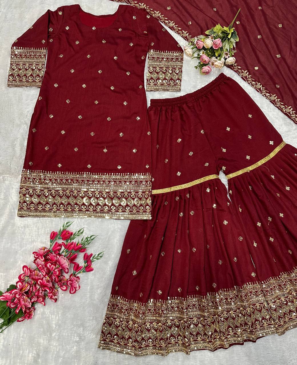 Havy Vichitra Silk Embroidery Work Top Sharara