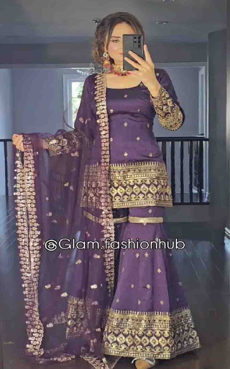 Havy Vichitra Silk Embroidery Work Top Sharara