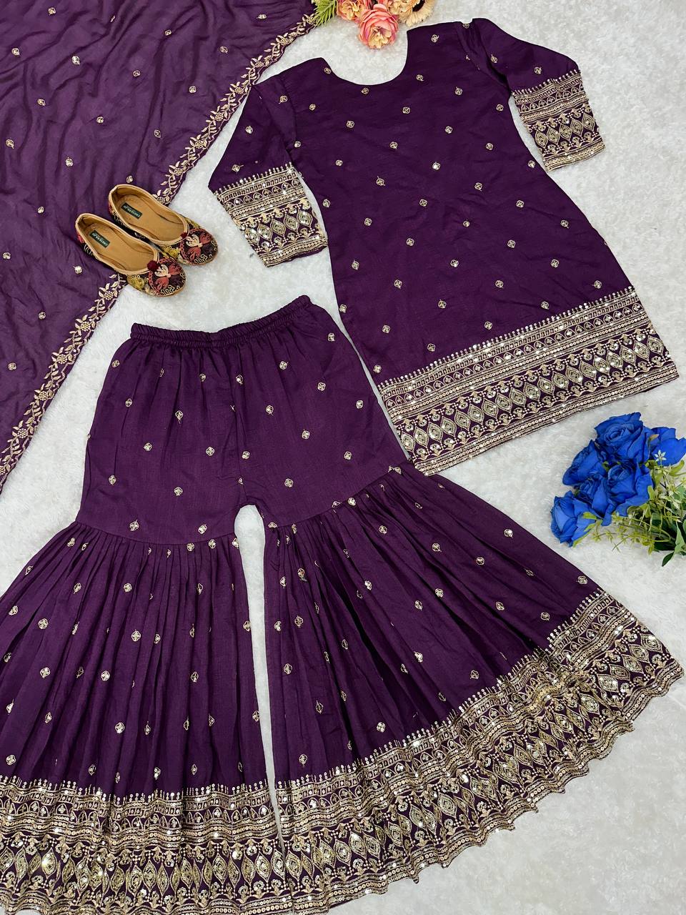 Havy Vichitra Silk Embroidery Work Top Sharara