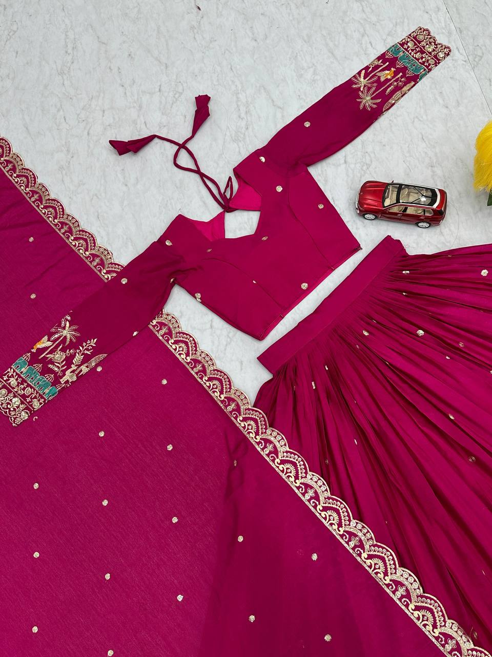 Heavy Embroidery Sequence Work With Chinon Silk Lehenga