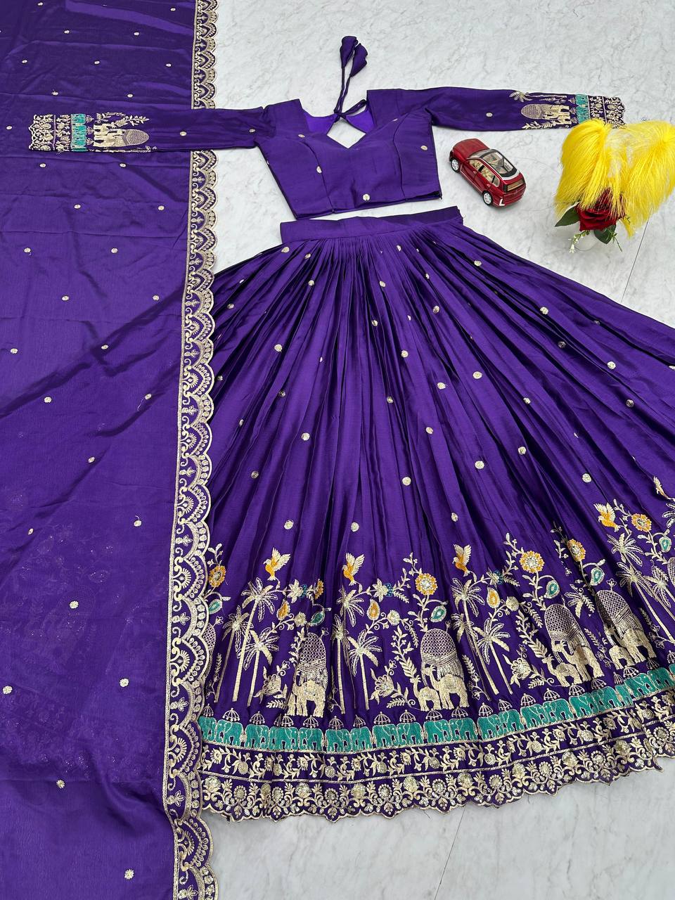 Heavy Embroidery Sequence Work With Chinon Silk Lehenga