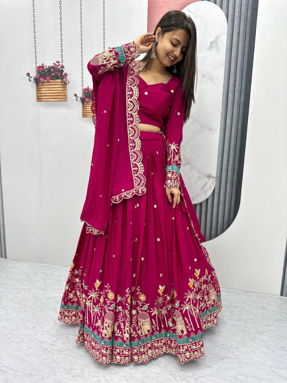 Heavy Embroidery Sequence Work With Chinon Silk Lehenga