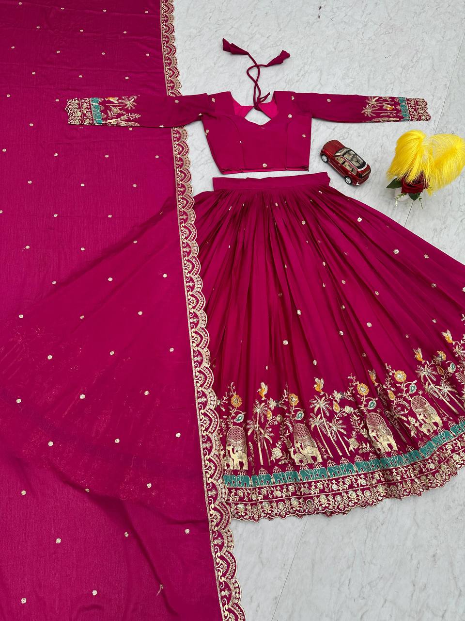 Heavy Embroidery Sequence Work With Chinon Silk Lehenga