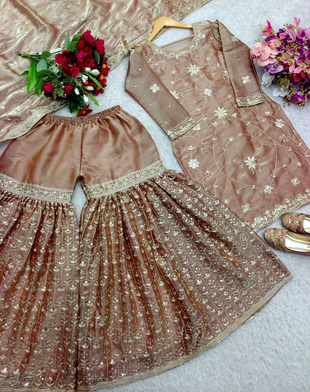 Pich Color Pure Zimmy Chu Silk Embroidery Work Top Sharara