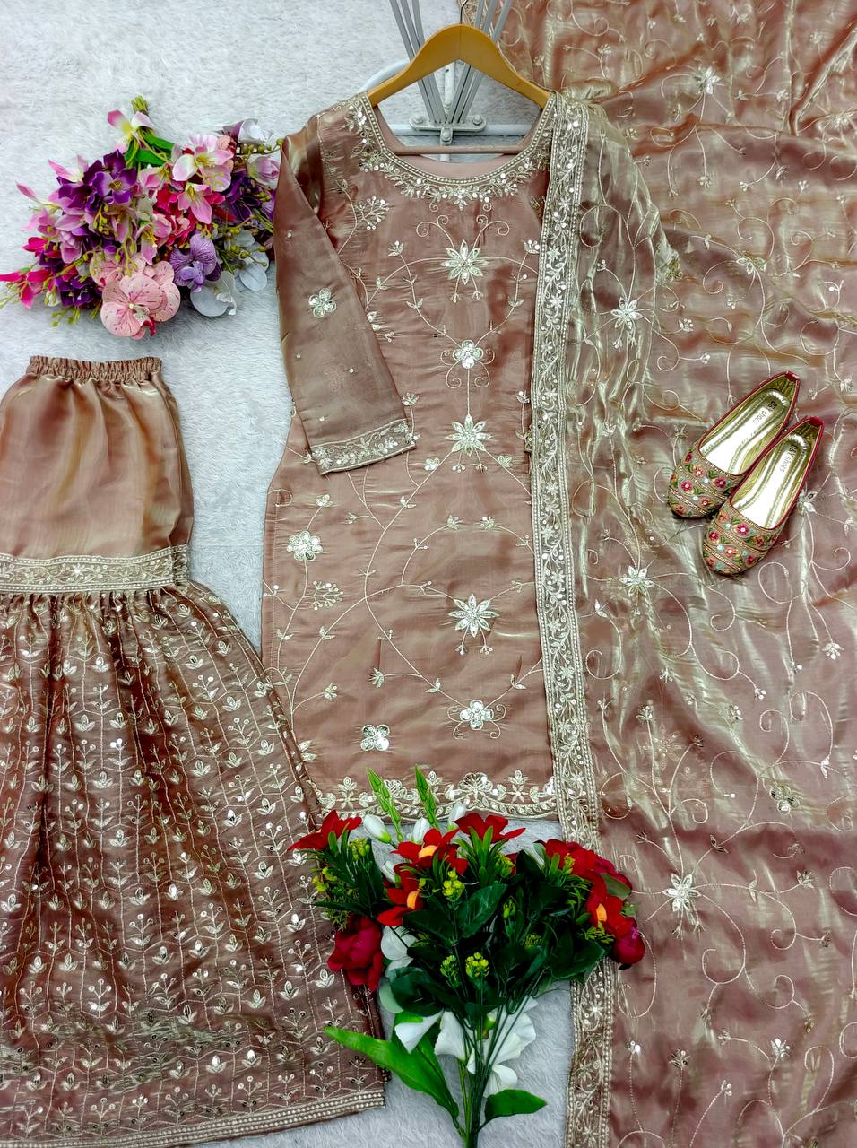 Pich Color Pure Zimmy Chu Silk Embroidery Work Top Sharara