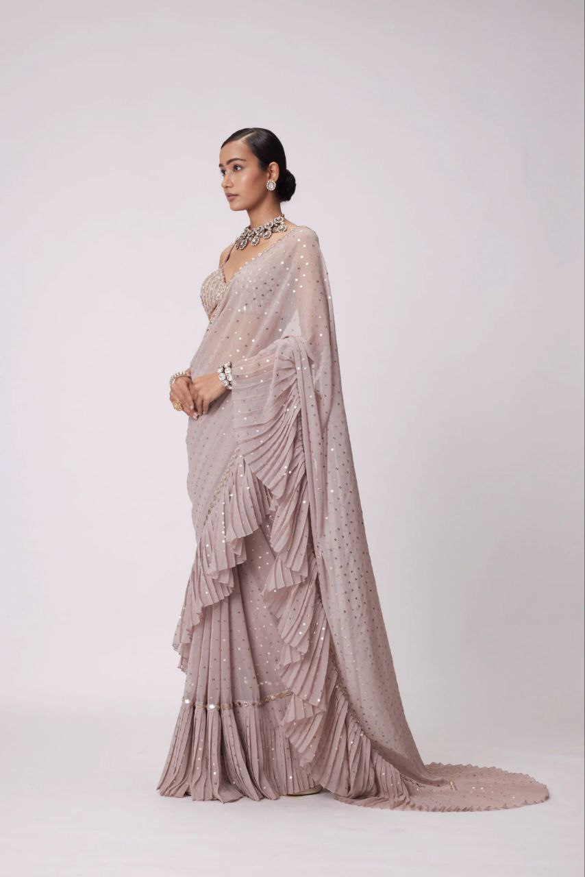Pink Color Faux Georgette Embroidery Work Saree