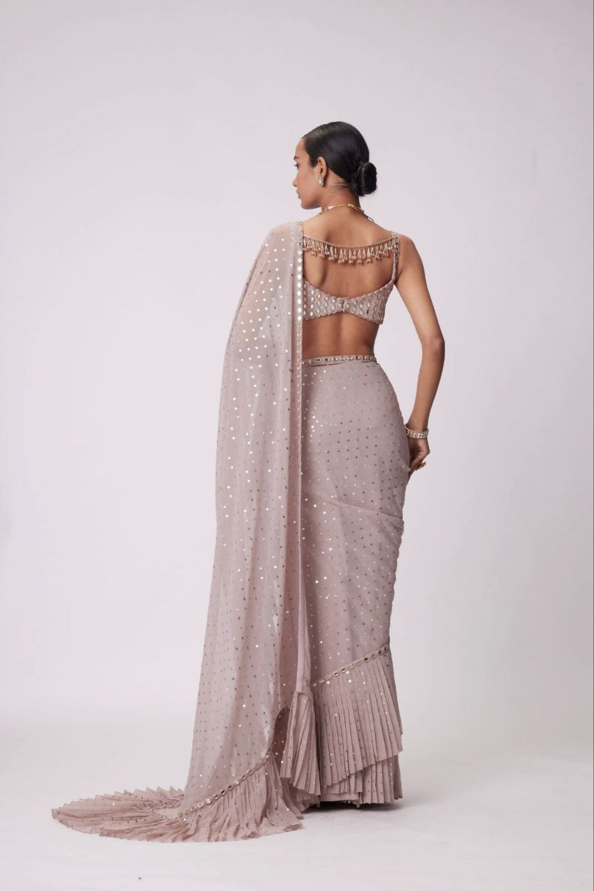 Pink Color Faux Georgette Embroidery Work Saree
