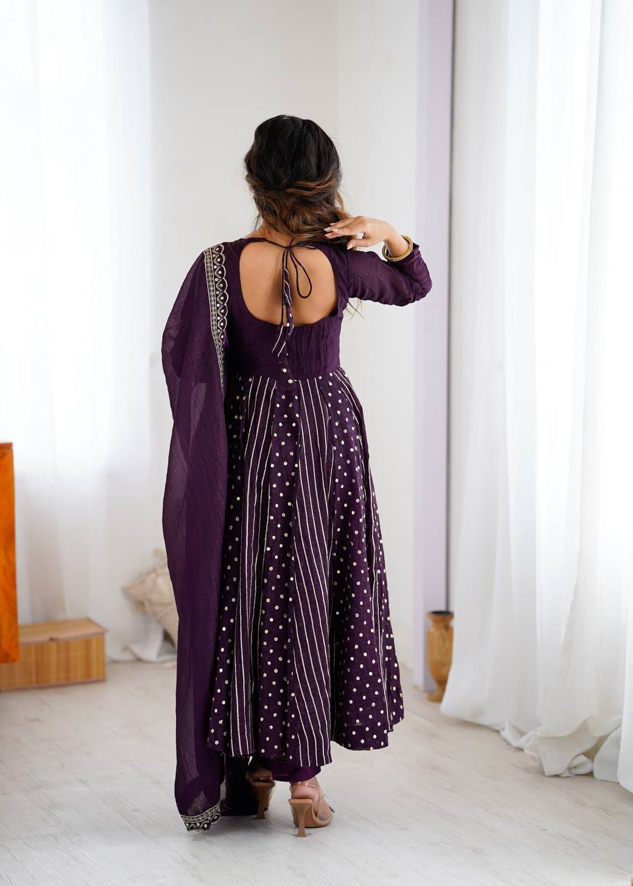 Purple Color Crunchy Silk Embroidery Work Top Plazzo