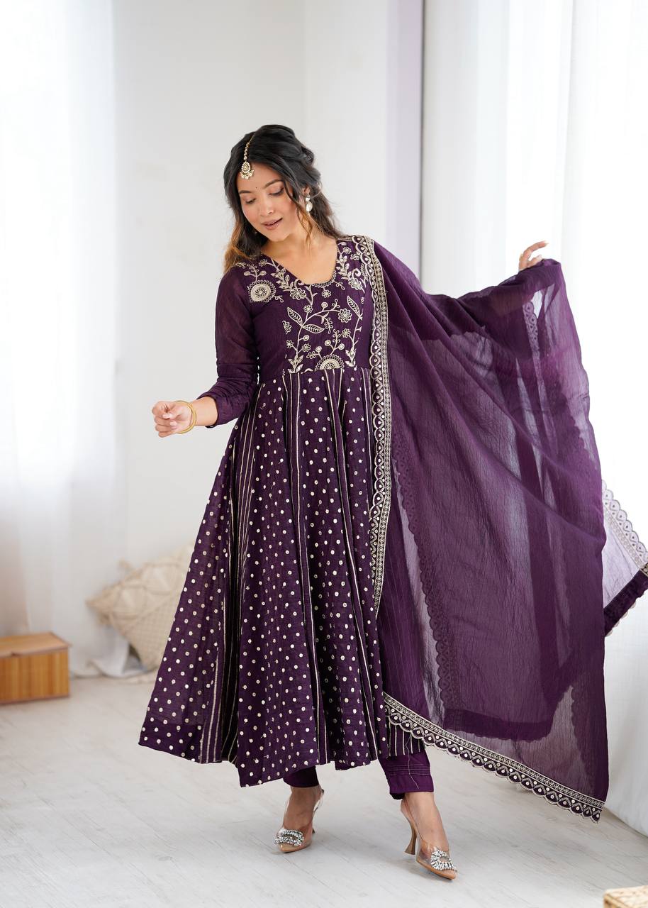 Purple Color Crunchy Silk Embroidery Work Top Plazzo