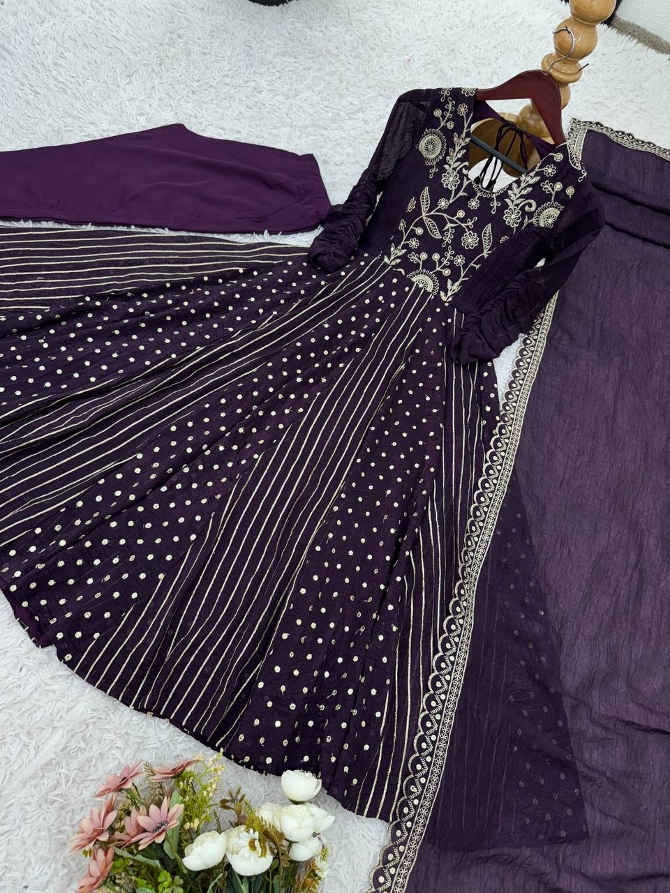 Purple Color Crunchy Silk Embroidery Work Top Plazzo