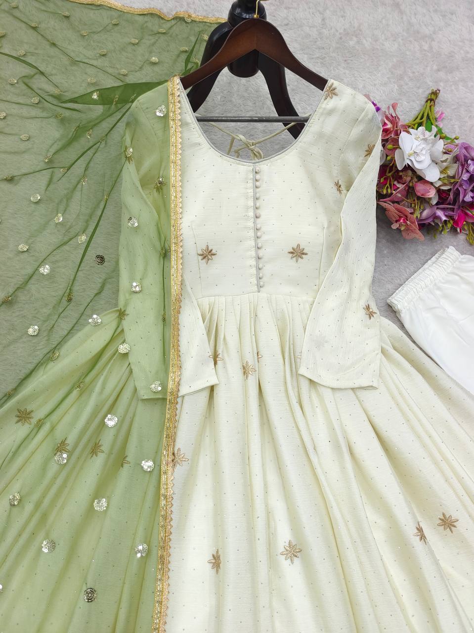 White Color  Pure Dola Silk Embroidery Work Gown