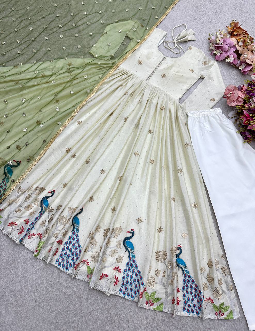 White Color  Pure Dola Silk Embroidery Work Gown