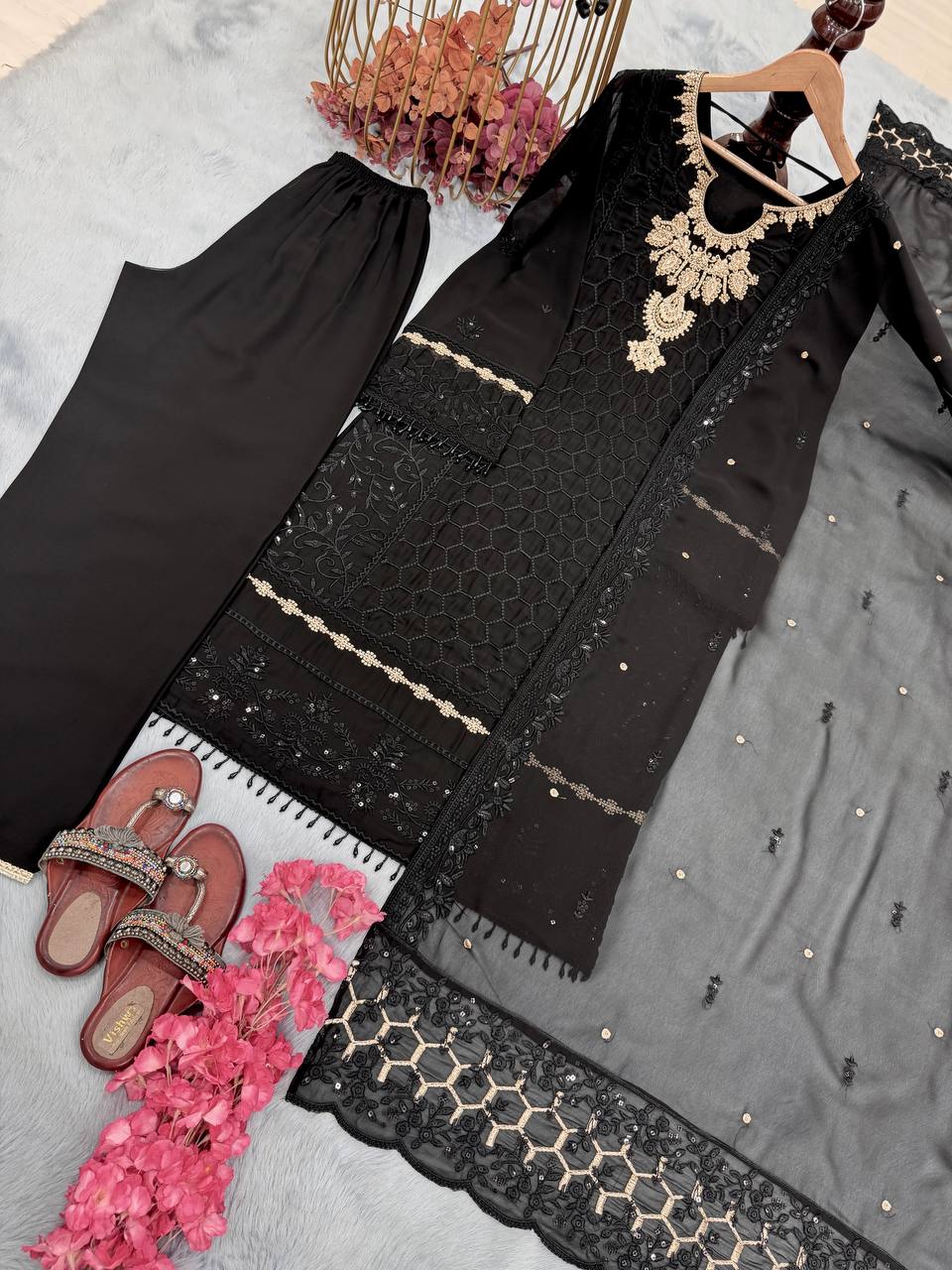 Heavy Faux Embroidery Sequence Work Top Plazzo