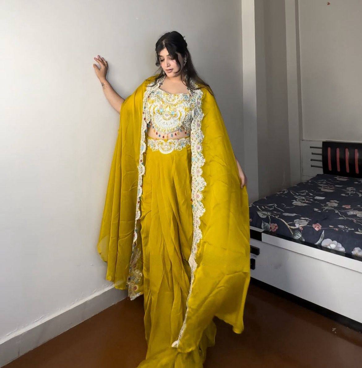 Georgette Sequence Embroidery Work Shrug Draped