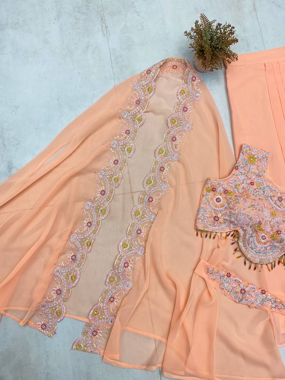 Georgette Sequence Embroidery Work Shrug Draped