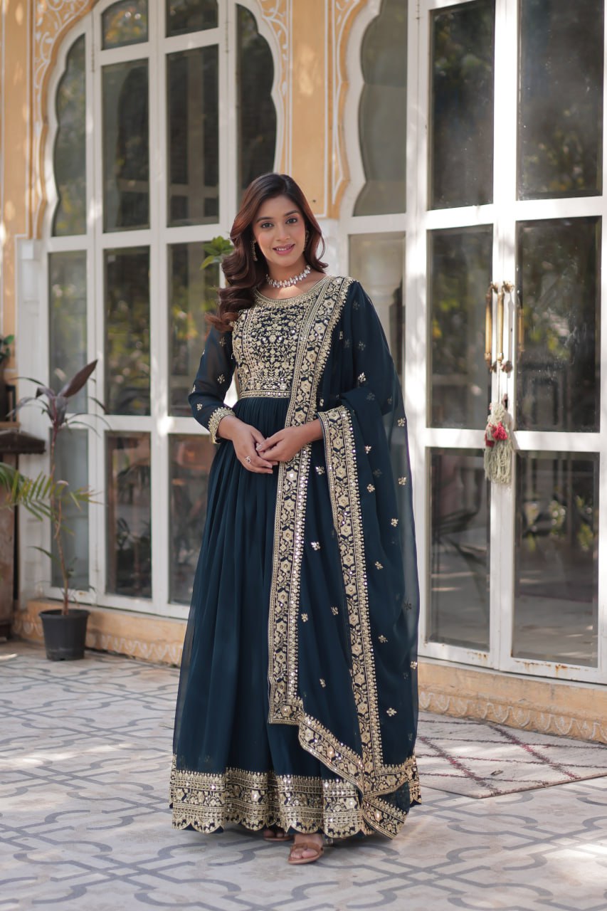 Faux Blooming Emberoidery Zari Work Gown
